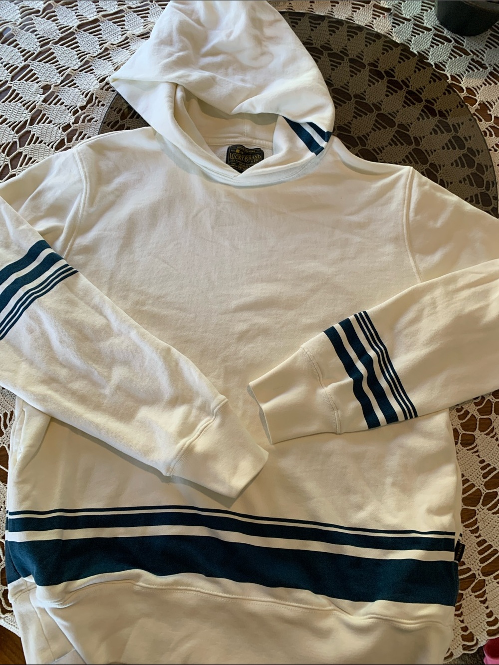 Lucky Brand Cream Hoodie Sweatshirt with Navy Stripe Accents